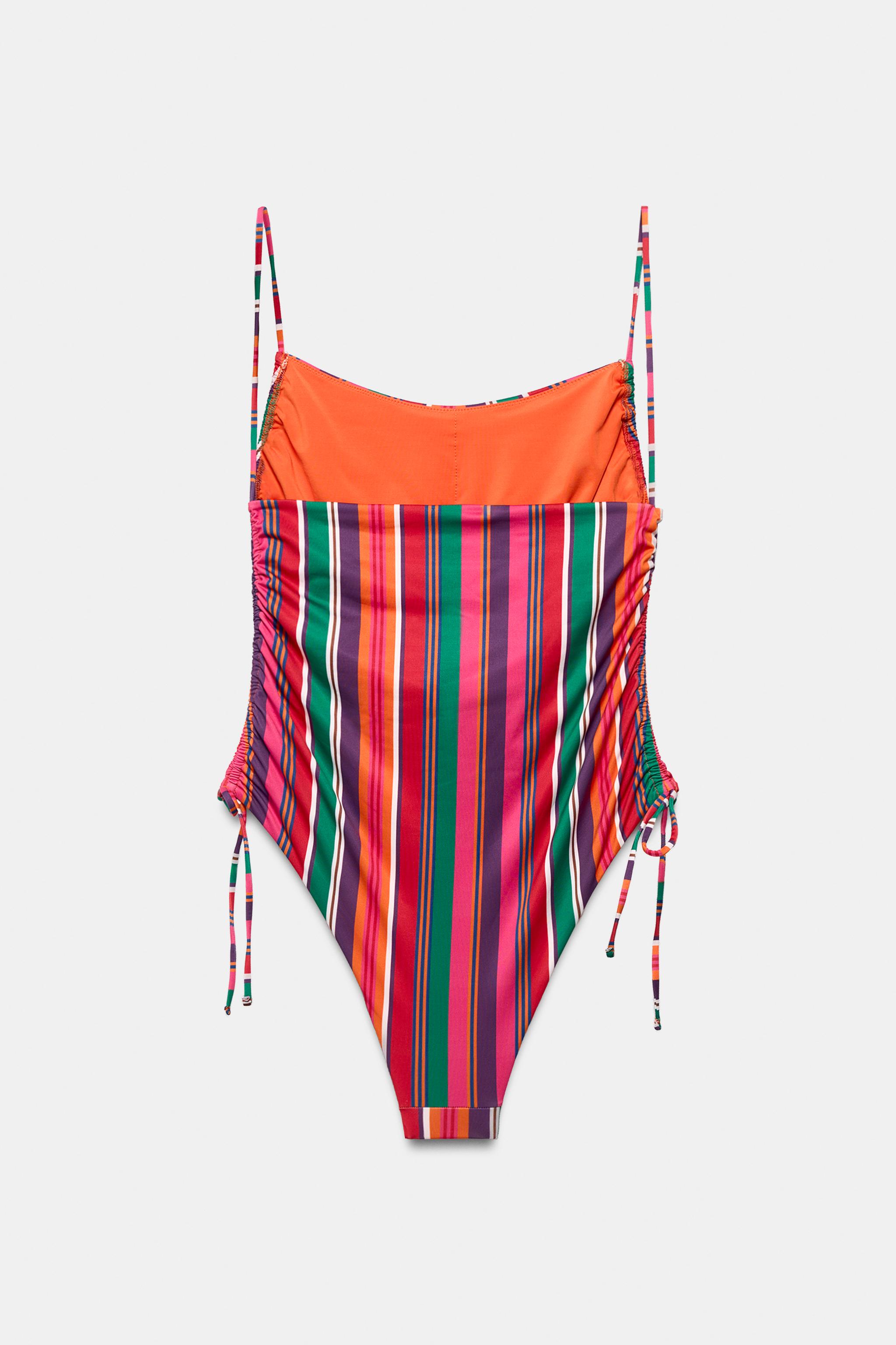STRIPED PRINT SWIMSUIT WITH SIDE RUCHING